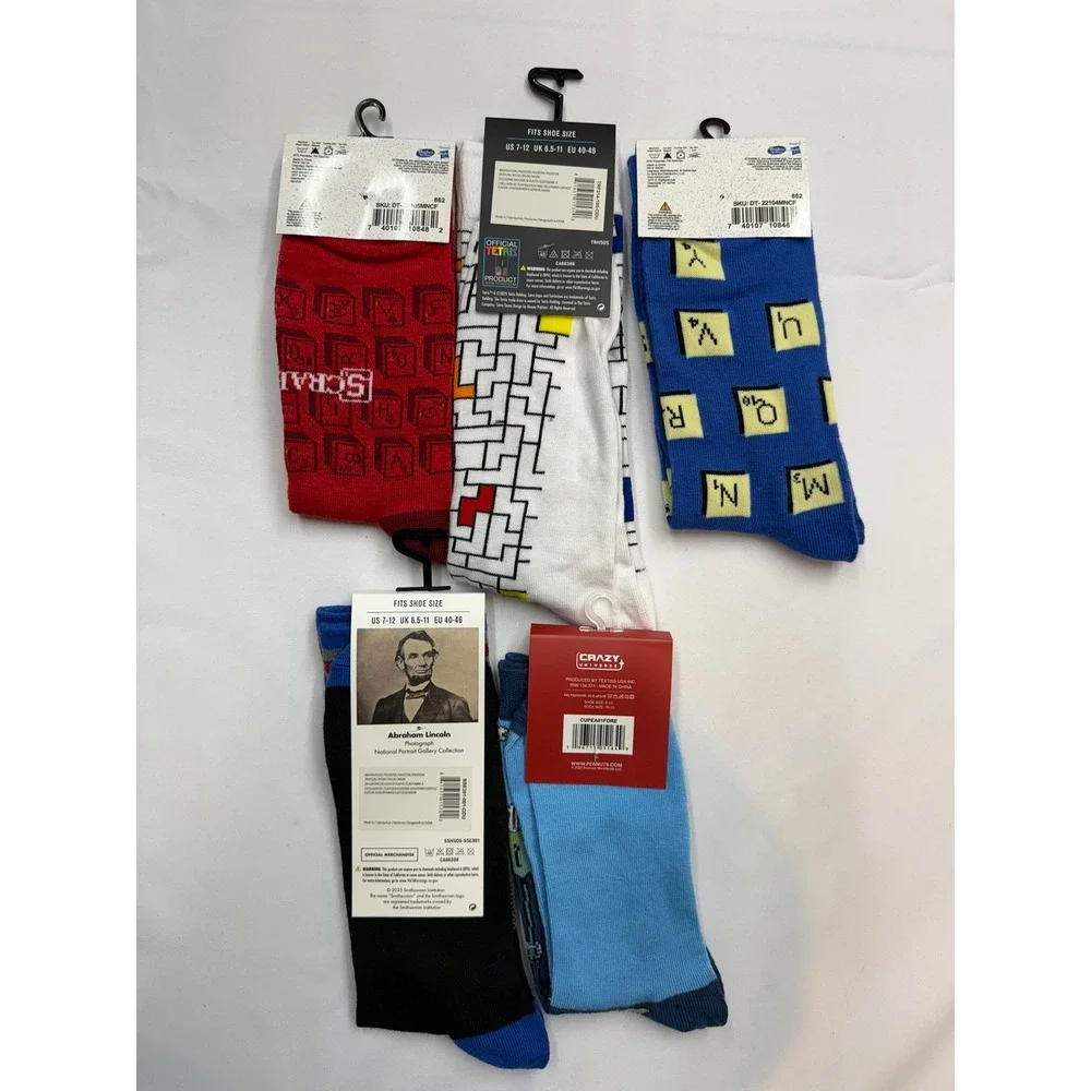 MISC Adult Unisex 5pc Crew Sock Bundle Lincoln Snoopy Scrabble Tetris CC12